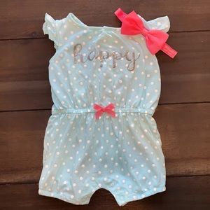 Pink and Teal Romper Outfit w/ headband